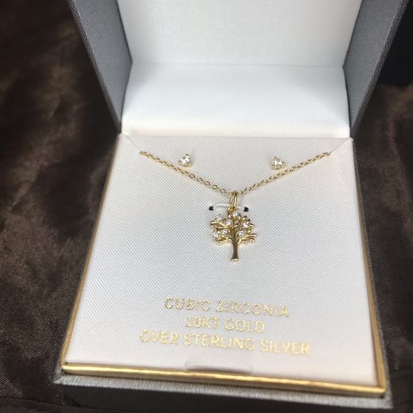 PRIMROSE 18k Gold Over Silver Cubic Zirconia Tree Pendant Necklace & Earring Set - Picture 3 of 5